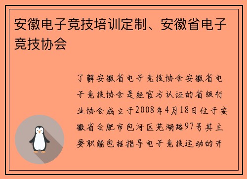安徽电子竞技培训定制、安徽省电子竞技协会